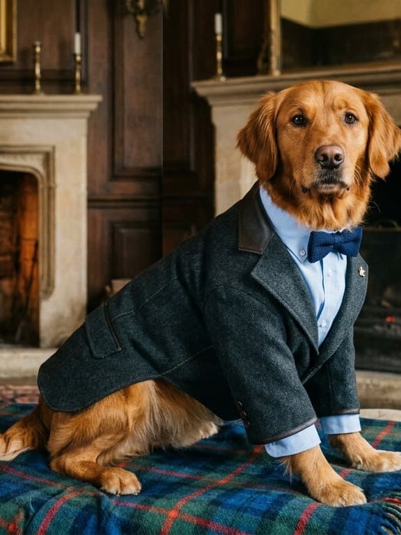 A real Golden Retriever, photorealistically rendered in a tweed jacket and bow tie by a fireplace