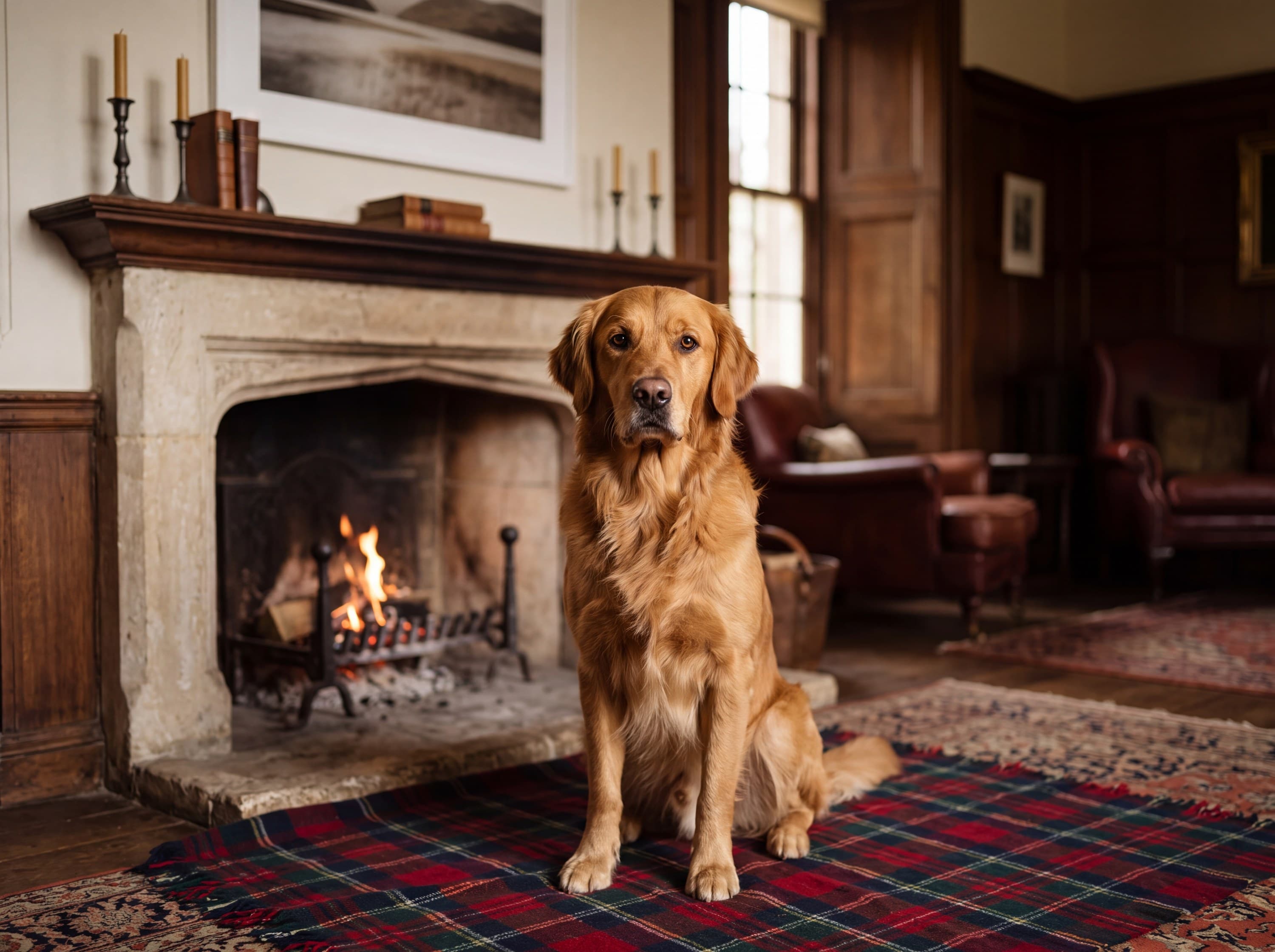 Example Distinguished Companion portrait: a Golden Retriever by an estate fireplace