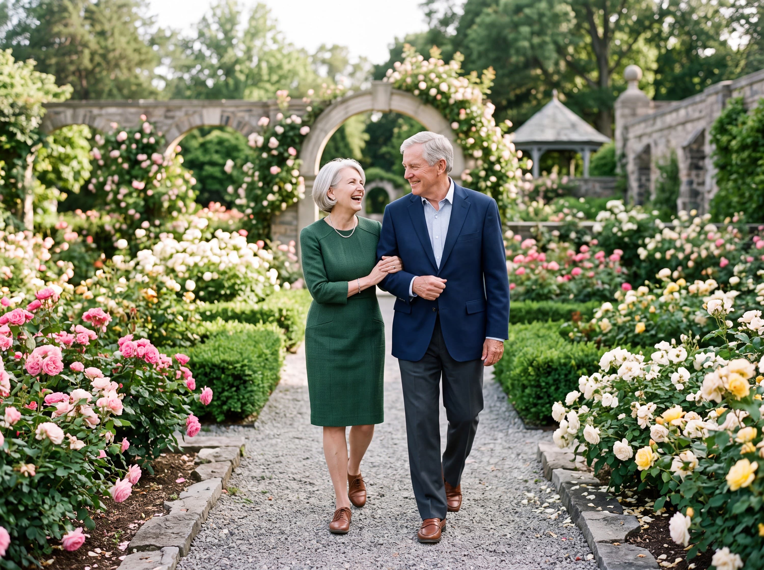 Example Estate Couple portrait: a couple walking arm in arm through a rose garden