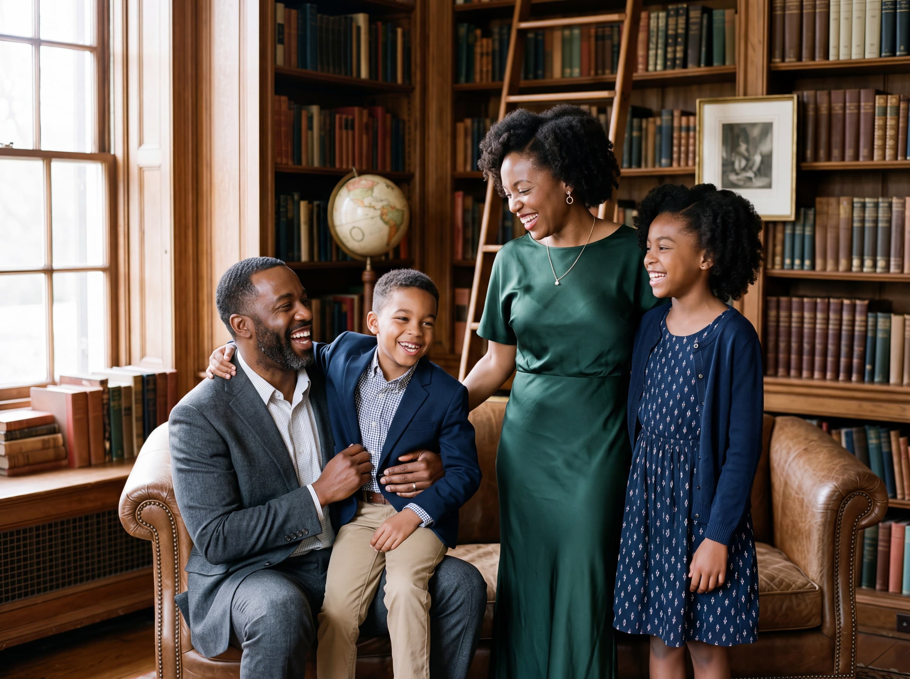 Example Legacy Family portrait: a family of four together in an estate library