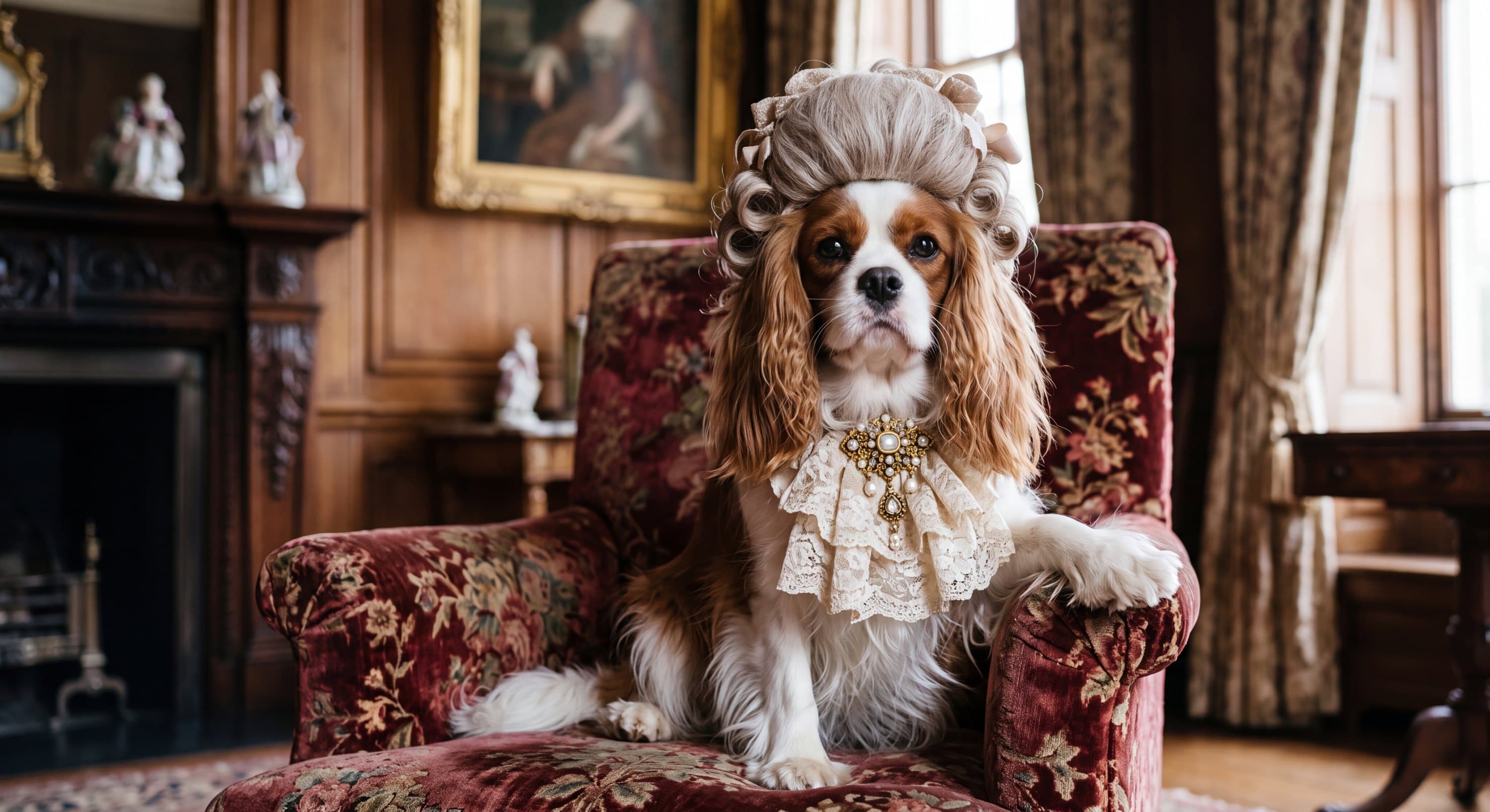 A real Cavalier King Charles Spaniel, photorealistically rendered as a Victorian noble