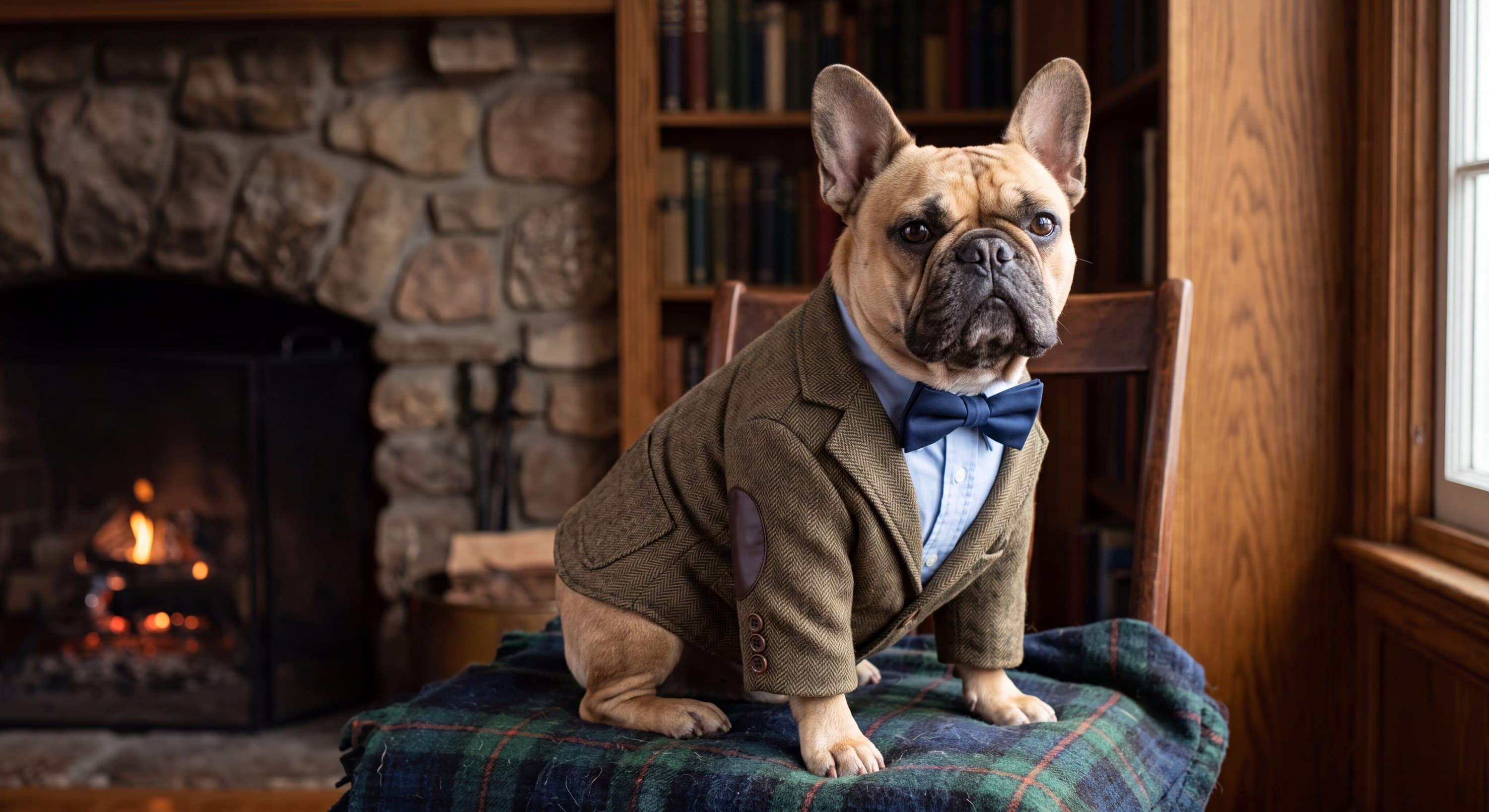 A real French Bulldog, photorealistically rendered as a distinguished companion