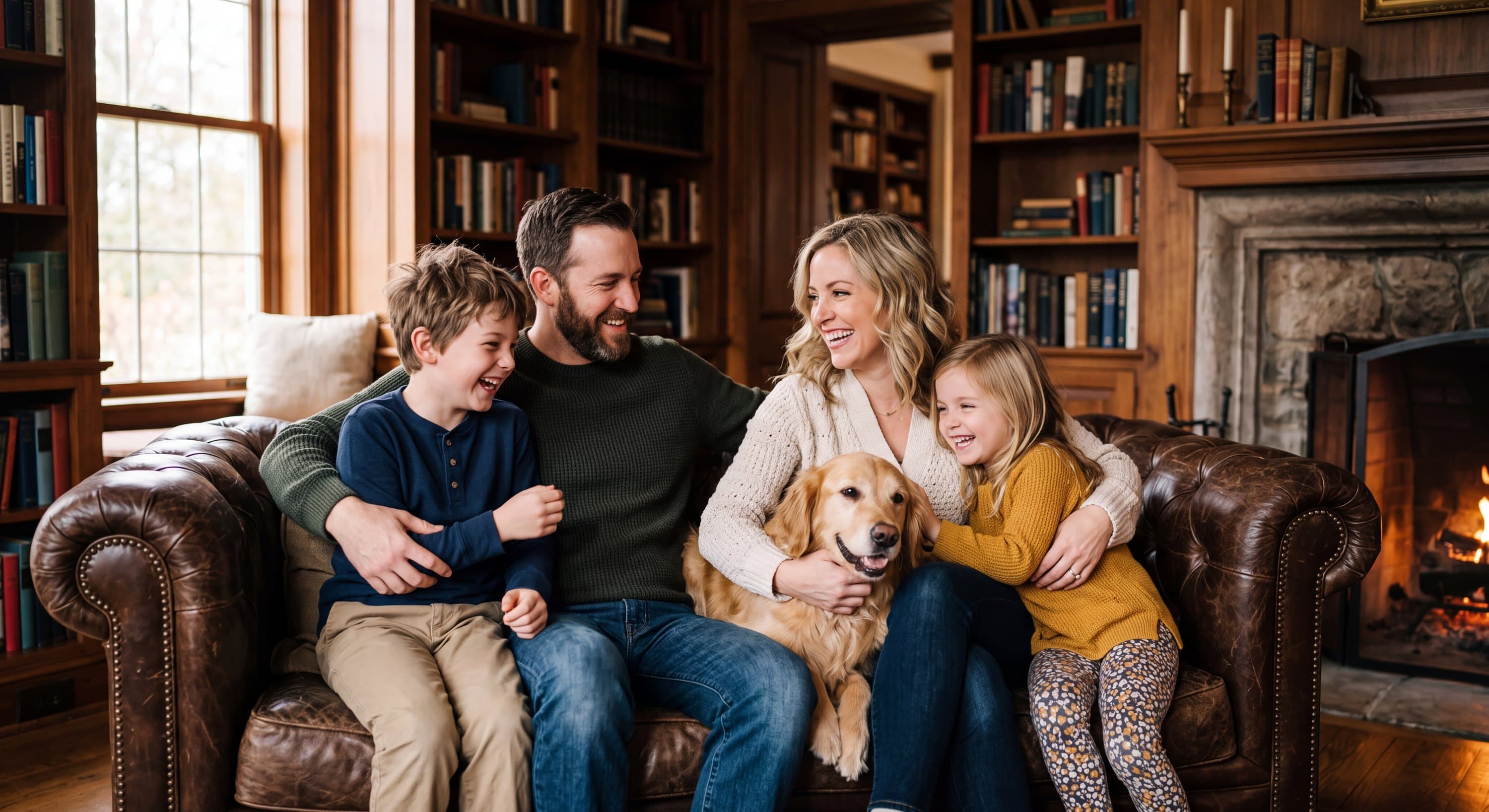 A real family and their dog, photorealistically composed into one Legacy House Portraits commission
