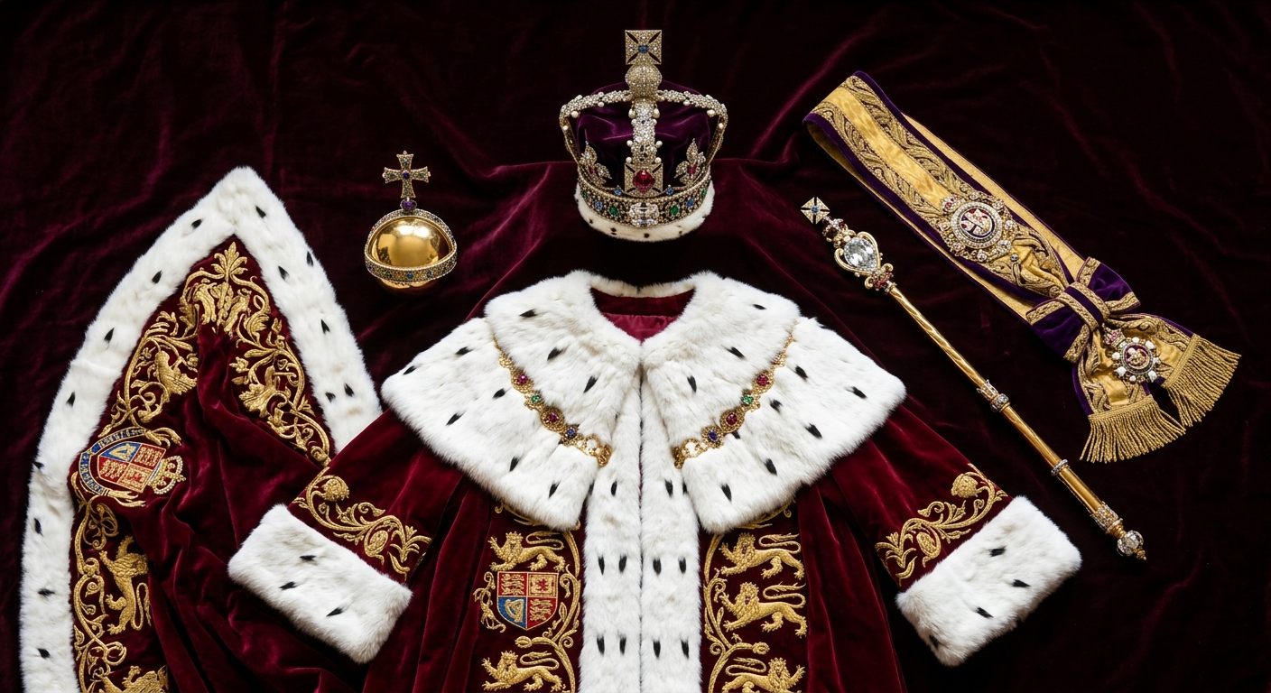 Royal Regalia: ermine-trimmed velvet robe and jeweled crown